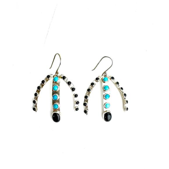 Arizona Turquoise Black Onyx Sterling 925 Silver Earrings - Picture 1 of 3